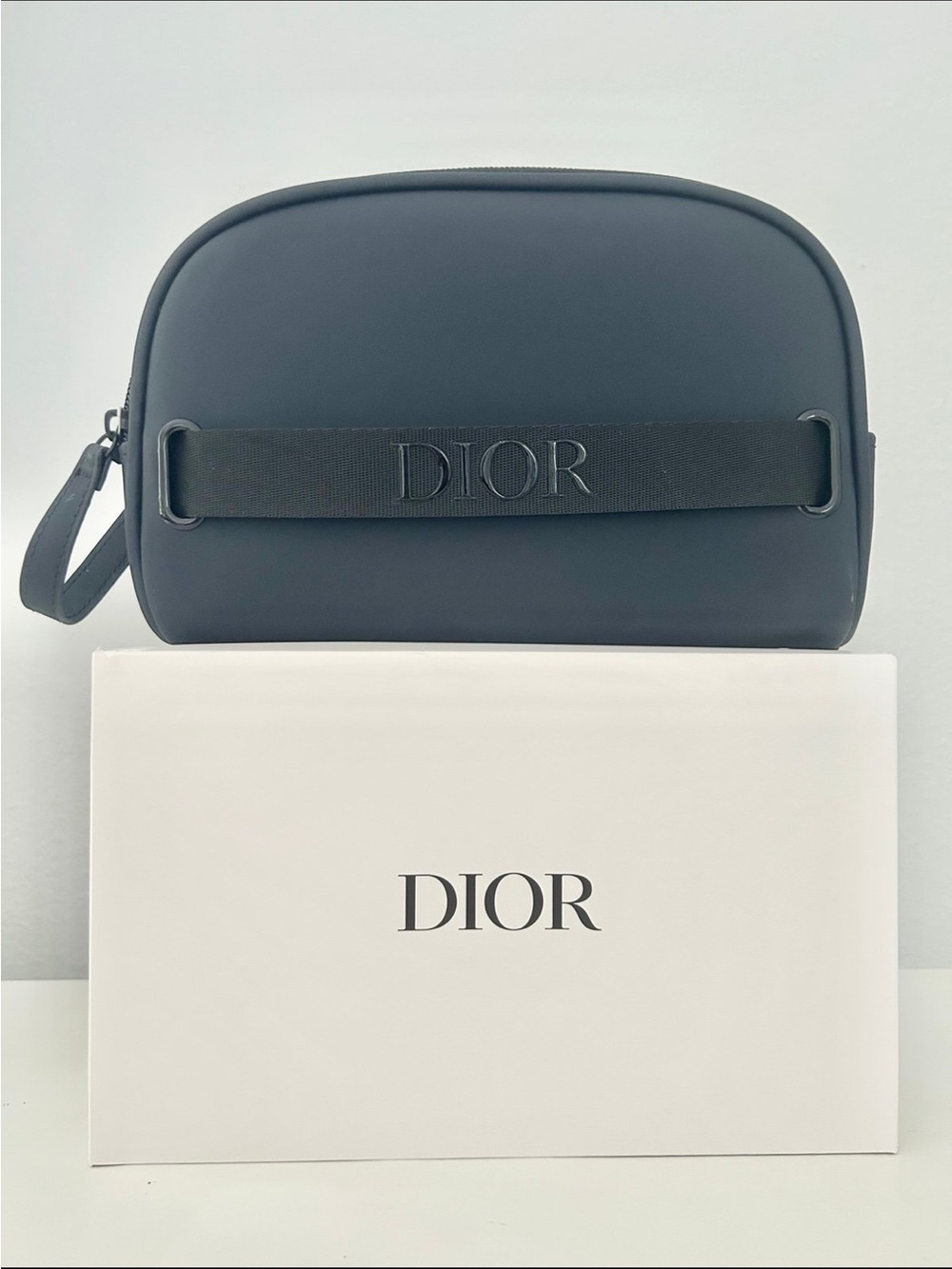 Dior Black Double Zip Toiletry Cosmetic Bag Wristlet with Box